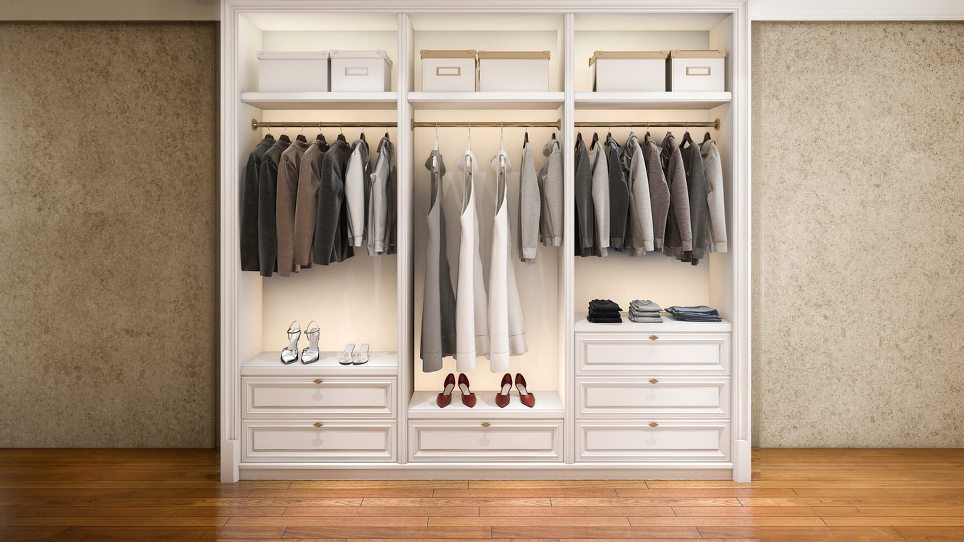 Custom reach-in closet design by Gulfshore Closets in Naples, FL, maximizing storage and organization in compact spaces.