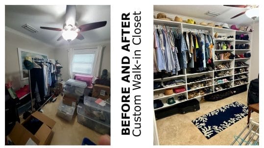 Before and after images of a custom walk-in closet designed and installed by Gulfshore Closets in Naples, FL, showcasing the transformation from a cluttered third bedroom to a stylish and organized storage space.