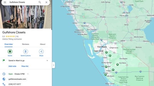 This shows a map of all of the cities in South West Florida where Gulfshore Closets offers the very best in custom closet design and installation services.
