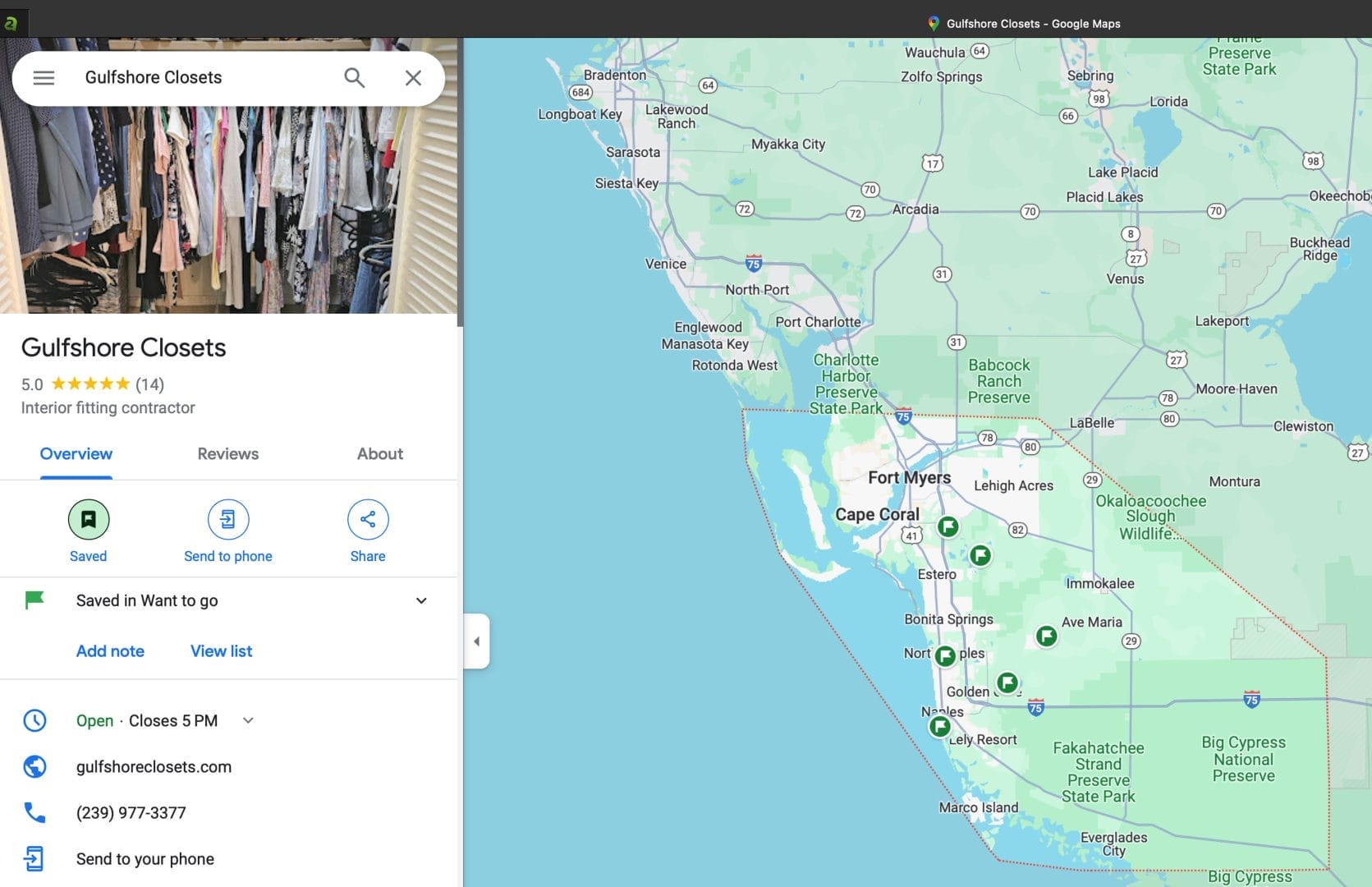 This shows a map of all of the cities in South West Florida where Gulfshore Closets offers the very best in custom closet design and installation services.